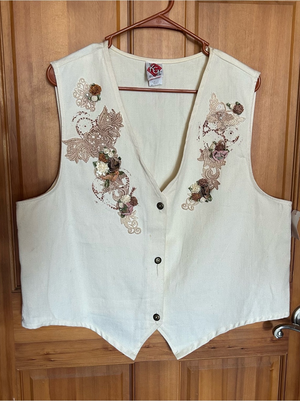 Vintage Ivory Kevin G. Embroidered Floral Button-Front Vest - Size Large